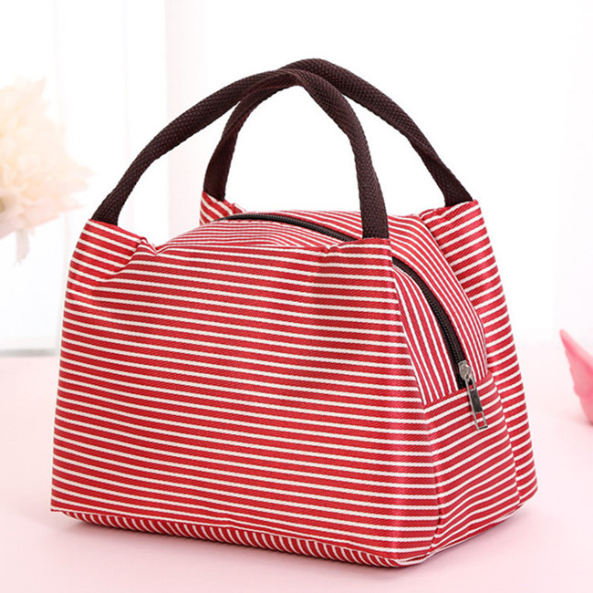 Leisure Women Portable Lunch Bag Canvas Stripe Insulated Cooler Bags Thermal Food Picnic Lunch Bags Box Kids Ice Pack Tote: Red