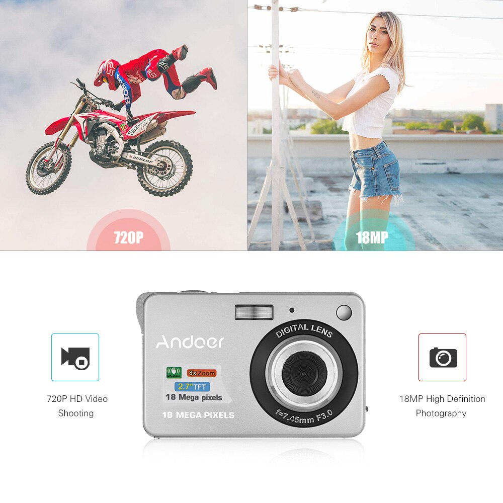 Andoer 18M HD Digital Camera 720P Video Camcorder 8X Digital Zoom Anti-shake 2.7inch LCD Video Camera with Rechargeable Battery