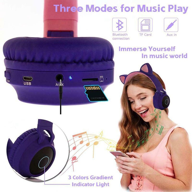 Dosmix LED Cat Ear Noise Cancelling Headphones Bluetooth 5.0 Kids Headset Support TF Card 3.5mm Plug With Microphone