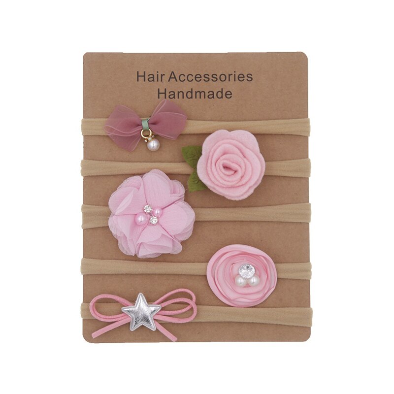 5 Pcs/Set Nylon Soft Baby Headband Pearl Flower Baby Girl Headbands Lace Bow Infant Kids Elastic Hair Band: pink