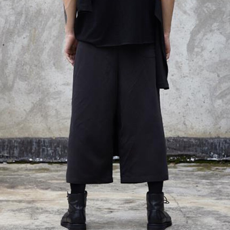 Men's pants summer wide-leg pants slacks men's faux two-piece shorts culottes Black hip-hop Gothic punk Yamamoto style