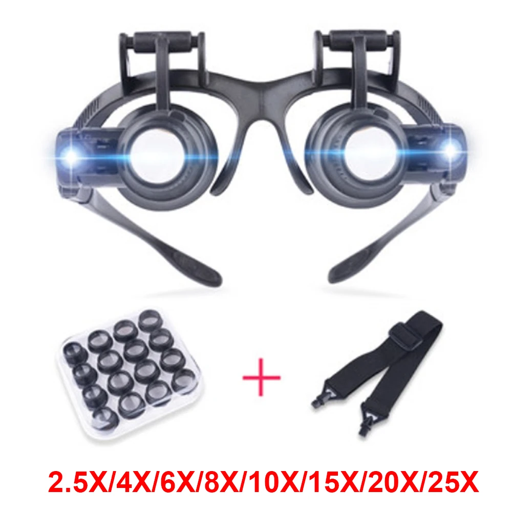 Loupe Magnifier Glasses With 2 LED Light Lens Magnifying Head-Mounted for Reading Jewelers Making Watch Repair 10X 15X 20X 25X: black