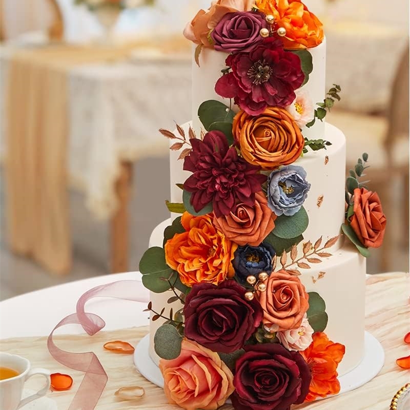 Caja combinada de flores artificiales de rosas naranjas, ramo de novia, decoraciones DIY para exteriores/interiores, flores decorativas para festivales