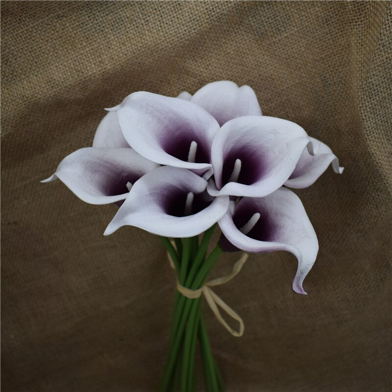Oasis Teal Wedding Flowers Teal Blue Calla Lilies 10 stem Real Touch Calla Lily Bouquet Wedding Centerpieces artificial flowers: DK purple center