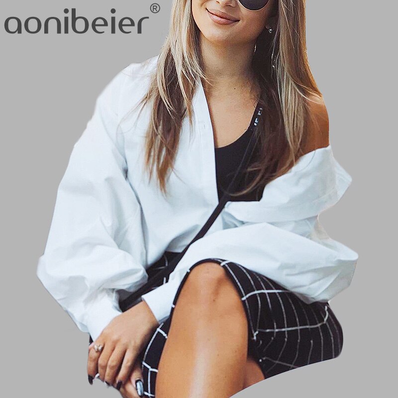 Aonibeier Lady Shirt Exaggerated Lantern Sleeve Button Front Women Casual Blouses Spring Autumn Loose White Shirts Tops