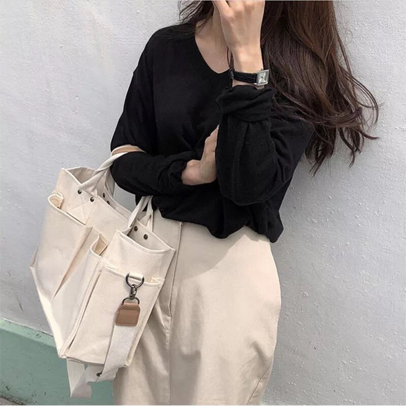 Casual Canvas Large Handbags Large-capacity Leisure bag multi-pocket practical Student Pockets Tote messenger bag