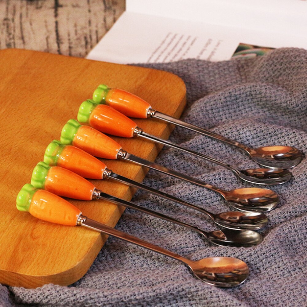 Stainless Steel Spoon with Ceramic Radish Handle Cutlery Coffee Dessert Long Handle Spoon