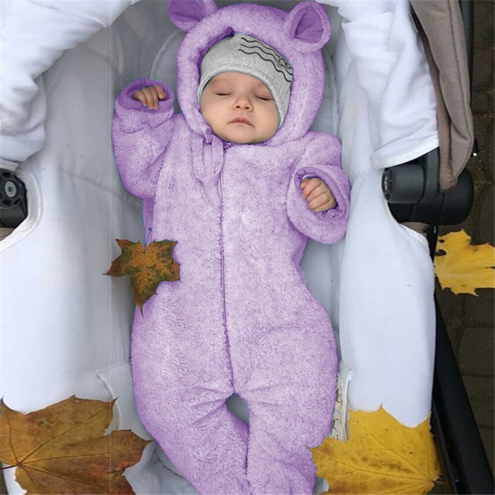 Winter Herfst Kleding Outfit Oren Leuke Pasgeboren Peuter Baby Jongens Meisjes Romper Lente Herfst Warm Hooded Beer Tops Jumpsuit: purple / 70