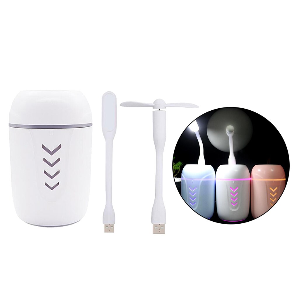 Portable Mini USB Humidifier, 200ml Low Noise Humidifier with Colors Night Light and Mini Fan, USB Cable: White