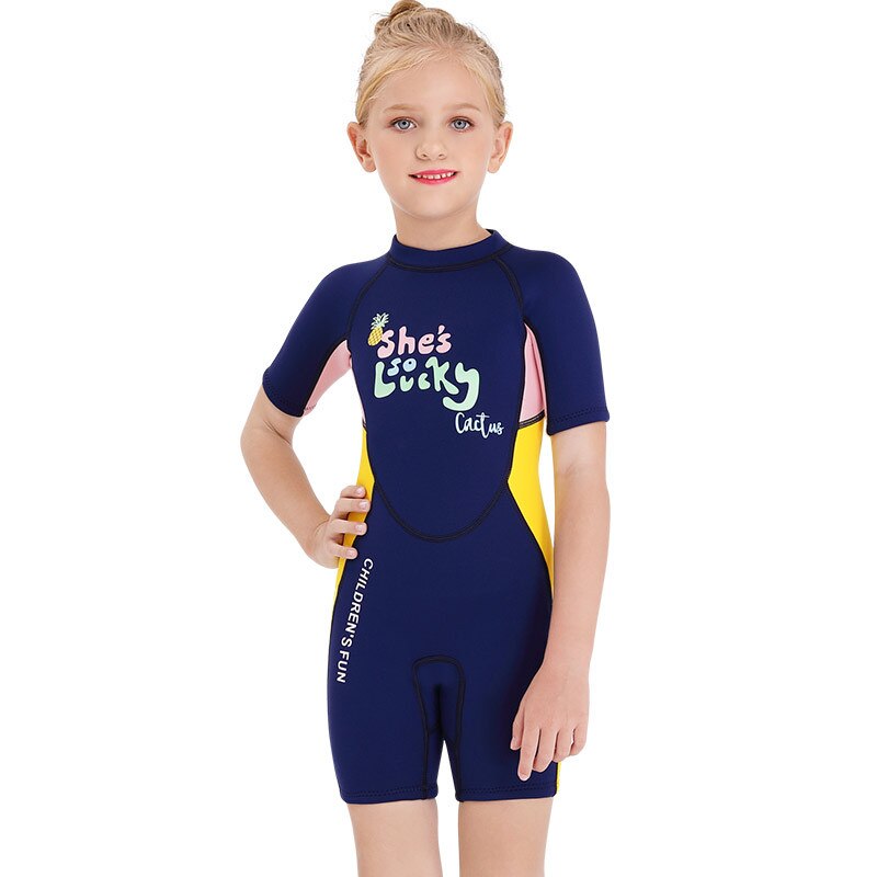 2.5mm Girls wetsuit shorty for kids girls One-piece wetsuit short-sleeved snorkeling surf jellyfish spring wetsuit: Blue Yellow / S