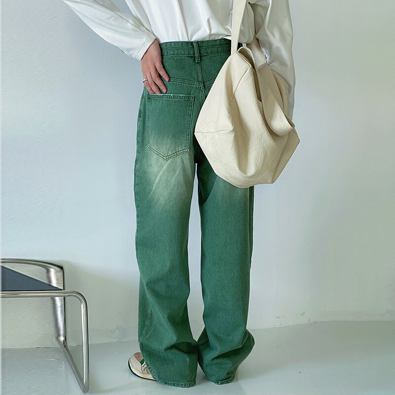 IEFB Vintage Men&#39;s Straight Mid Waist Green Jeans 2022 Spring Casual Loose Distressed Denim Long Pants Wide Leg Trousers