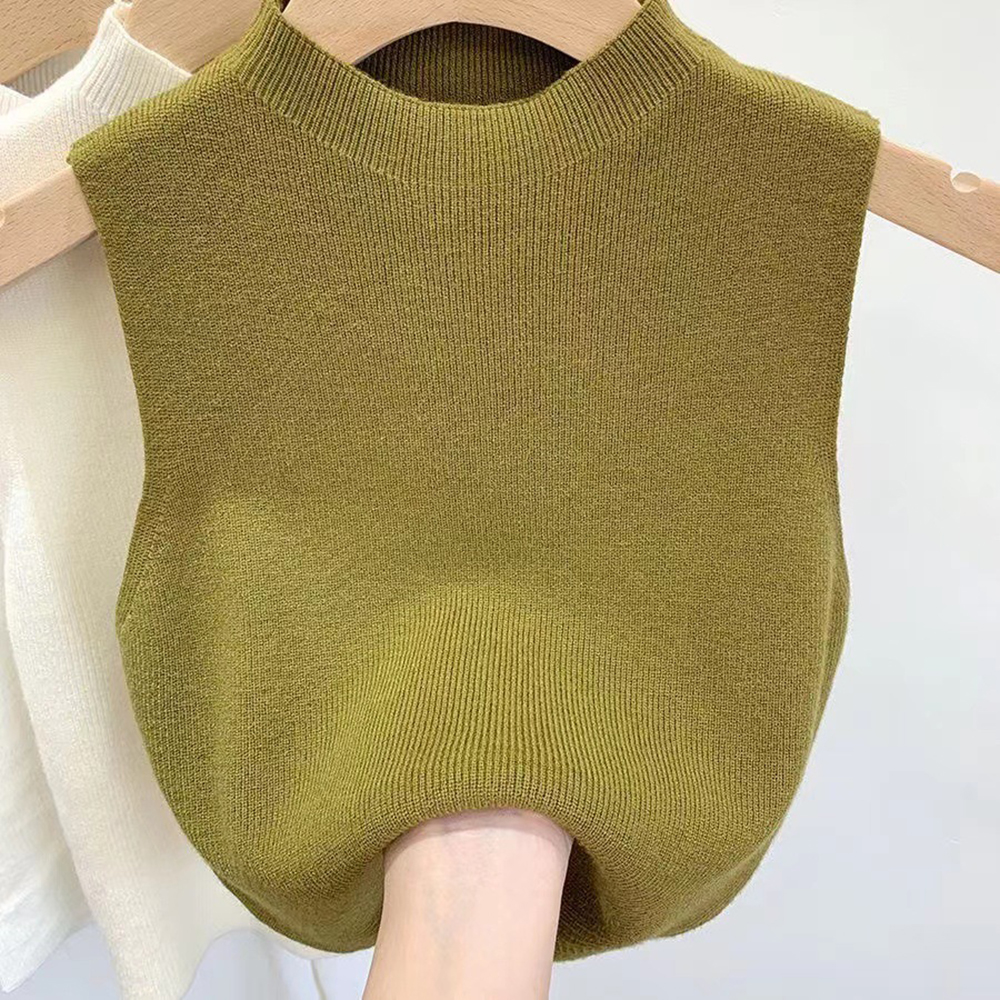 Camiseta sin mangas para mujer, camisetas tejidas de Color sólido, Top corto, camisola, suéter medio cuello alto, sin mangas para primavera y otoño: Verde