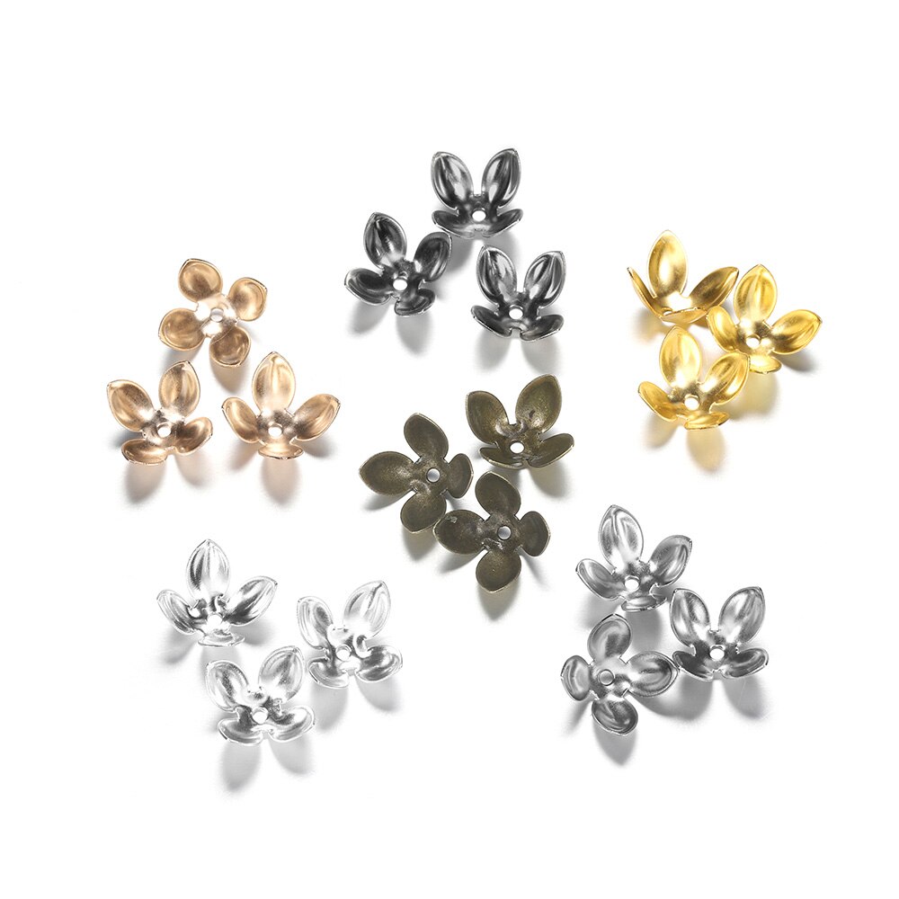 50pc/lot 15*8mm Gold Plated Metal Flower Bead Caps Findings Four Leaves Bulk End Bead Cap For Jewelry Making Supplies DIY