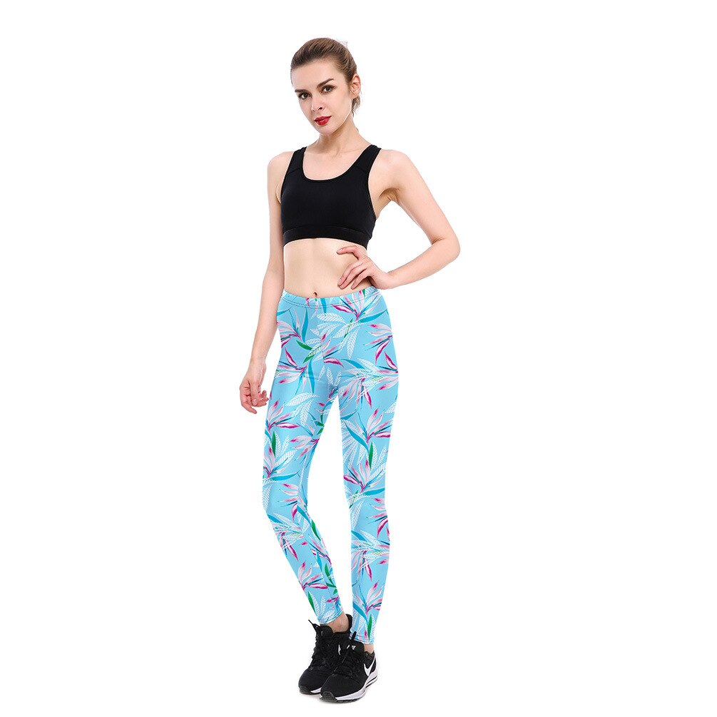 JIGERJOGER Canna floral lake Blue leaves digital printing leggings sports Playsuit Fitness Leggings Pants Running Bottoms