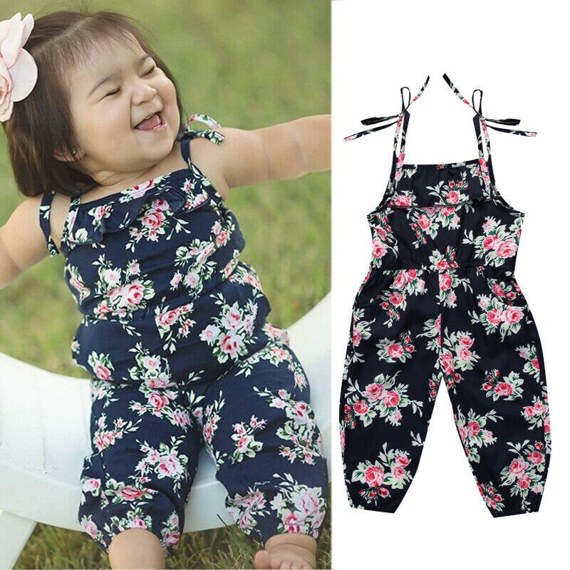 Del capretto Del Bambino Della Ragazza Ruffle Senza Maniche Fiore Della Tuta Del Pagliaccetto Pantaloni Lunghi Vestiti Vestito Della Ragazza