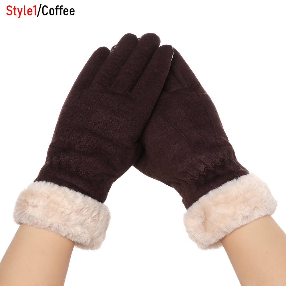 Nuevos guantes de invierno de dedos completos para mujeres mantener el calor lindo peludo guantes de deporte al aire libre más guantes de pantalla táctil de terciopelo: style1-coffee