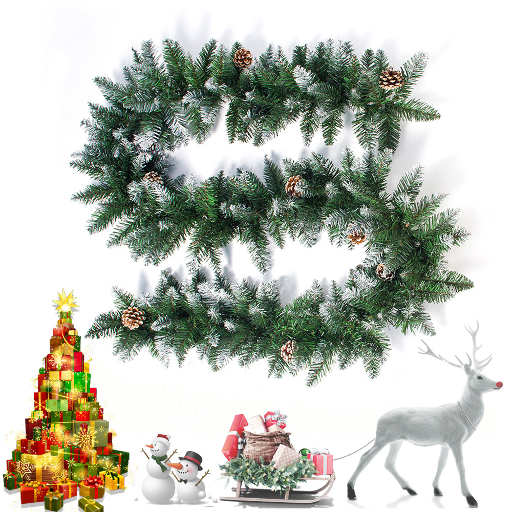 2.7M Kerst Rotan Krans Groene Kunstmatige Xmas Boom Rotan Opknoping Krans Ornamenten Met Pine Cone Decoratieve Diy Banners