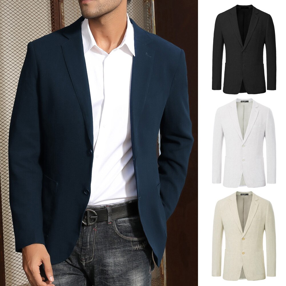 Chaqueta de dos botones para hombre, chaqueta con bolsillos, solapa de muesca transpirable, Tops elegantes, Ropa de Trabajo de oficina de Color sólido clásico