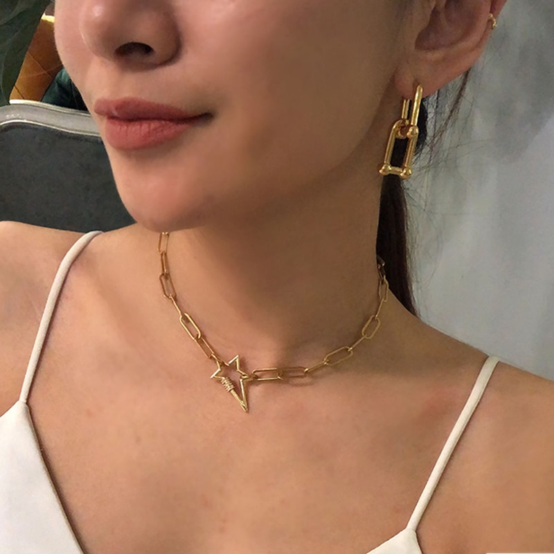 Peri'sBox Gold Color Large Paper Clip Chain with Star Carabiner Necklace Pave CZ Stone Statement Necklaces for Women