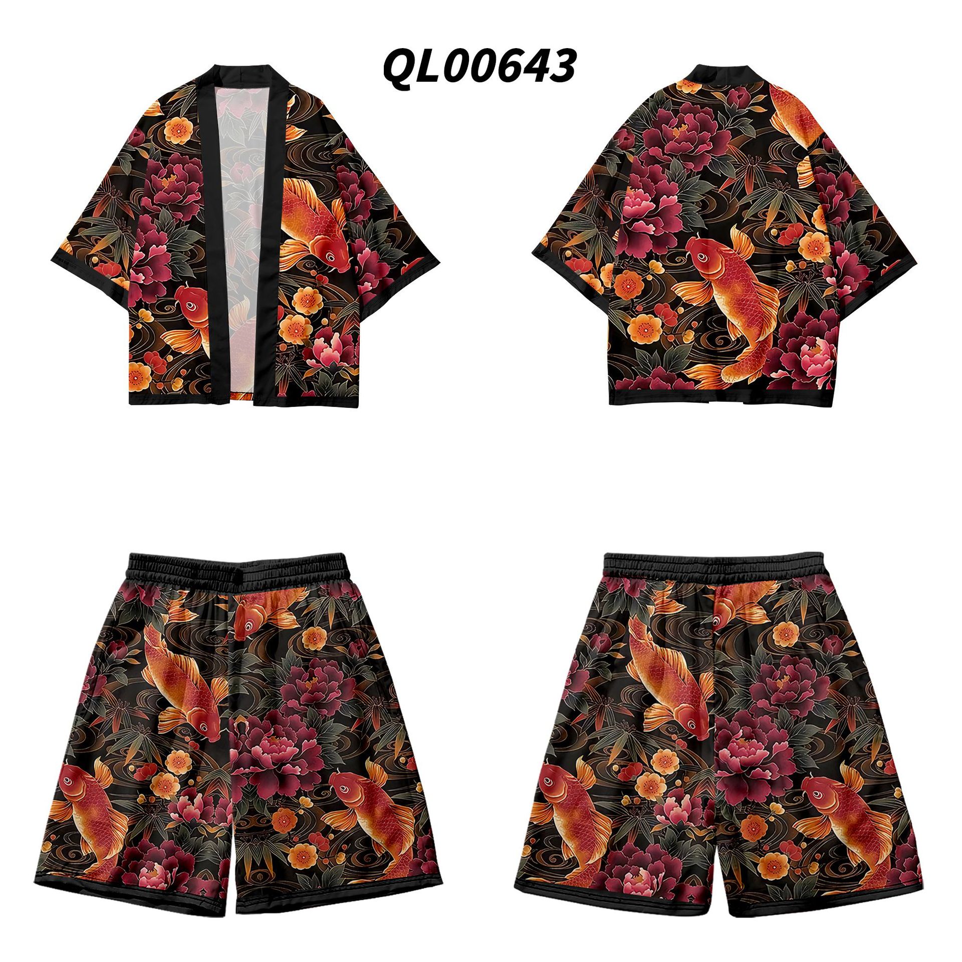 Dwuczęściowy garnitur Yukata japoński tradycyjny sweter kobiety mężczyźni Haori moda kwiat nadruk ryby Harajuku Kimono zestawy z krótkimi spodenkami: QL00643-sets-D / S