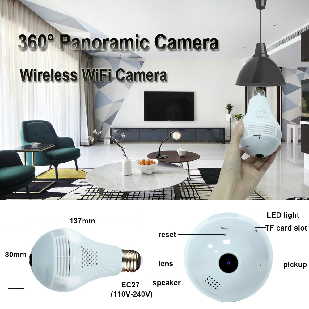 Ledet pære kamera 1080 phd trådløs panorama sikkerhed i hjemmet wifi cctv fiskeøje pære lampe ip kamera 360 graders sikkerhed i hjemmet