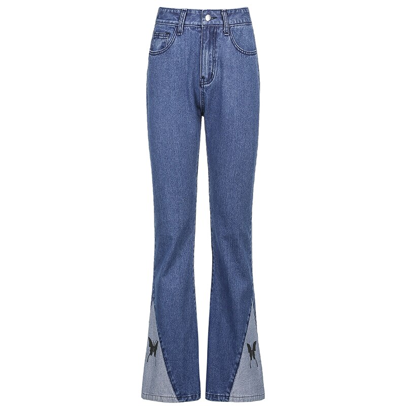 Damskie patchworkowe nadruk z motylem spodnie jeansowe Vintage Cyber Y2k workowate jeansy rozkloszowane 90s spodnie Harajuku Jogger nowa, w stylu Streetwear: L