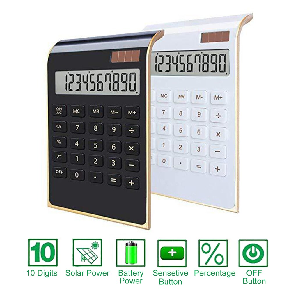 LCD Display Solar Energy & Button Battery Desktop Calculator Ultra-thin 10 Digits Large Dual Power Basic Counter for Home Office