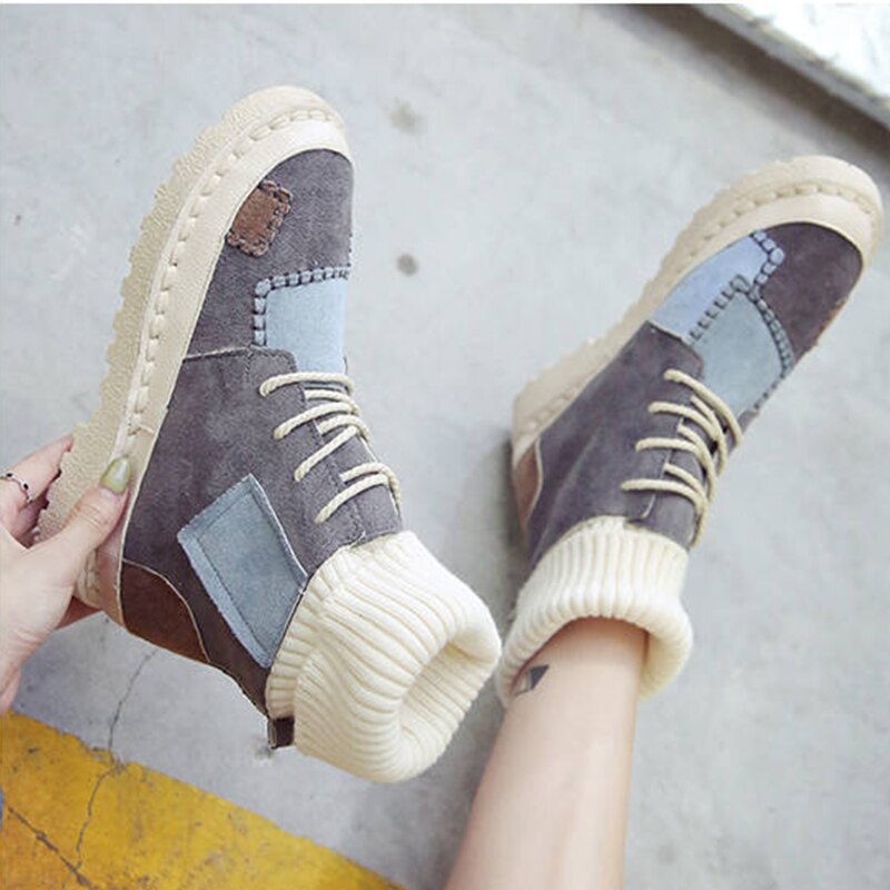 Ankle Boots For Women Sock Boots Patchwork Ladies Casual Platform Flat Woman Warm Plush Female Sewing Shoes