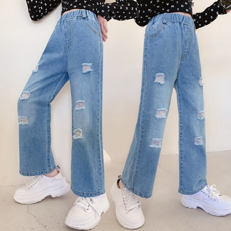 Girls Jeans Ripped Holes Children&#39;s Pants Soft Denim Pants Cotton Trousers Wide Straight-leg pants Jeans Kids Girls Jeans