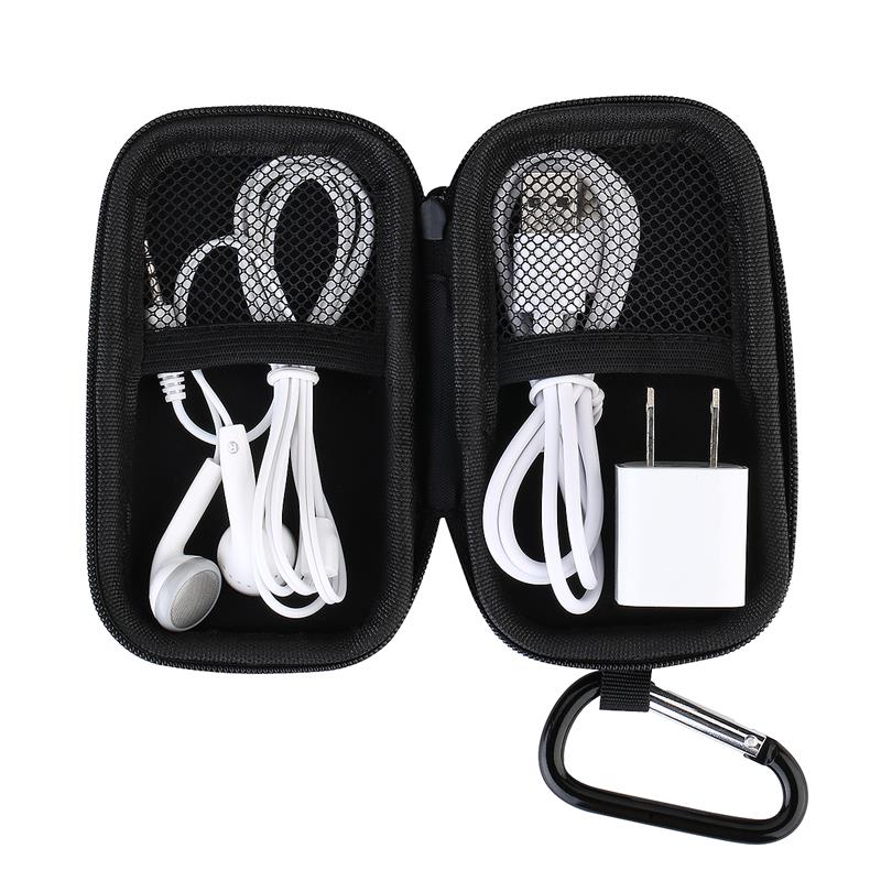 Caja protectora para reproductor de mp3, caja de almacenamiento para mp3, funda para auriculares, soporte para auriculares con mosquetón pinza de metal y Estuche de transporte duro con cremallera