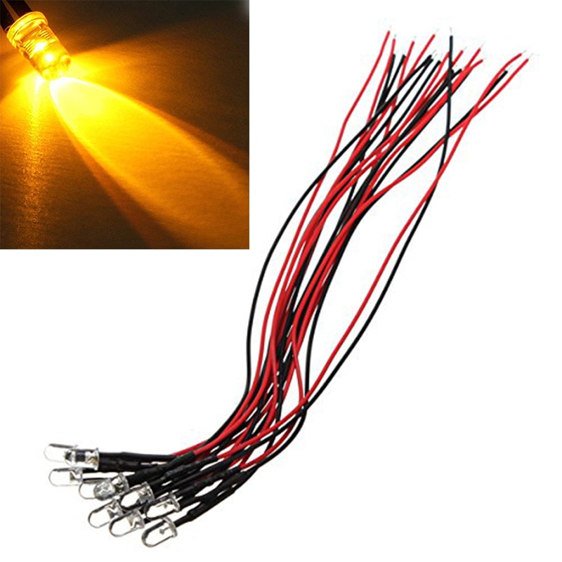 LED transparente con cable de 5mm, rojo, amarillo, azul, verde, blanco, 5V, 12V CC, 20CM, 10 Uds.