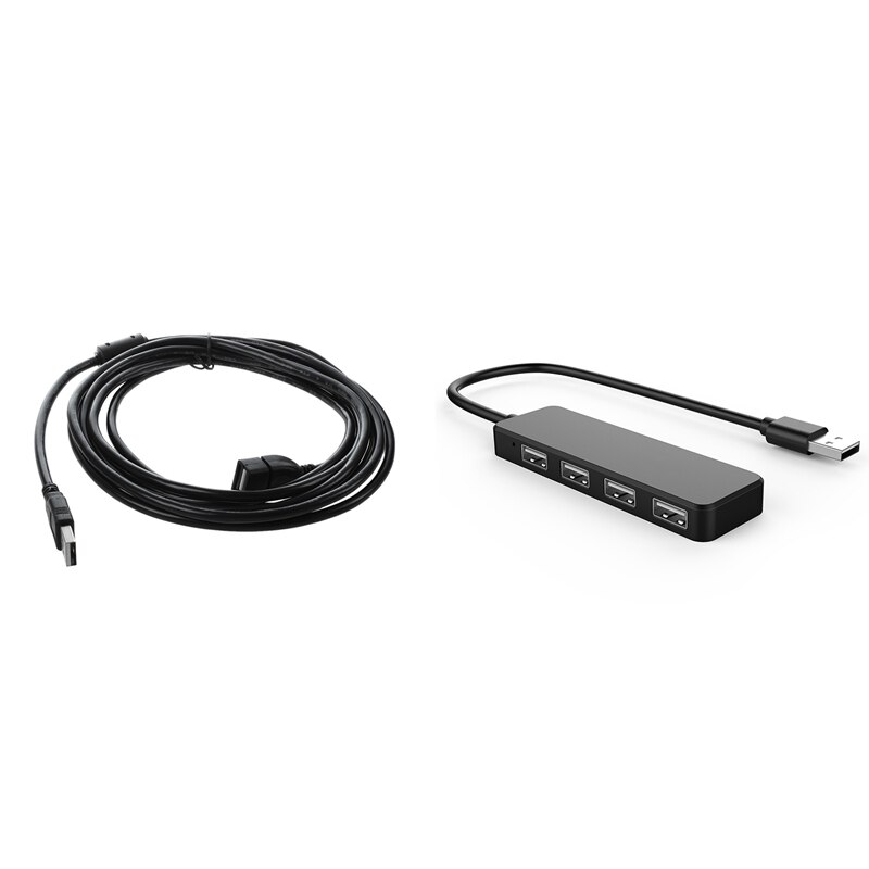 Ultra Slim USB Hub 4-Port USB 2.0 Hub Black & USB 2.0 a MALE to a FEMALE Extension Cable Cord Extender for PC Laptop Black