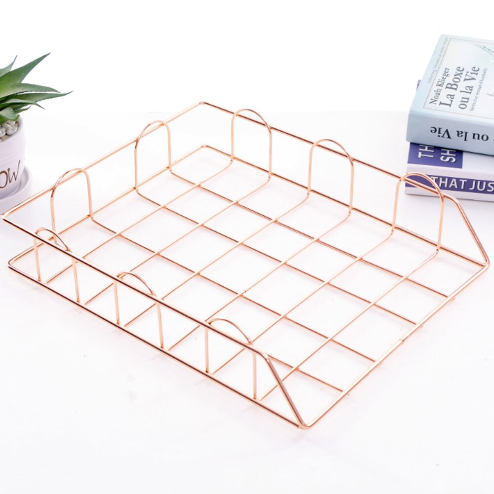 Metal Stackable Storage Basket Magazine Newspaper Organizer Nordic Rose Gold Frame Rack Office Desktop A4 Paper Finishing Basket: Rose gold
