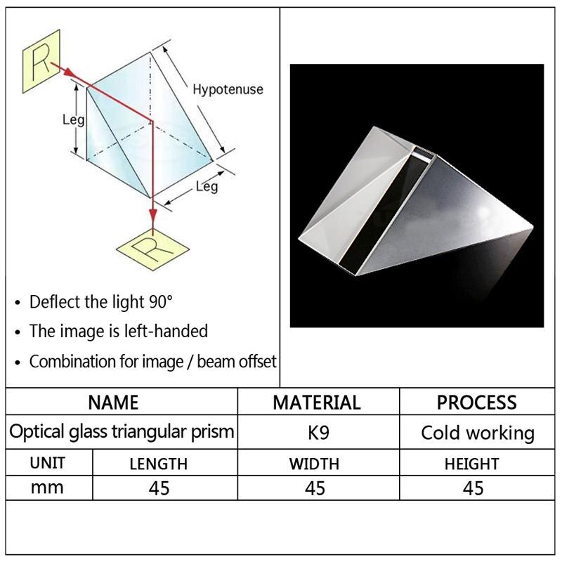 50*50*50mm/1.96*1.96*1.96in Optical Glass Prisms Equilateral Triangle Right Angle K9 Prisms Lens Light Spectrum Physics Optics
