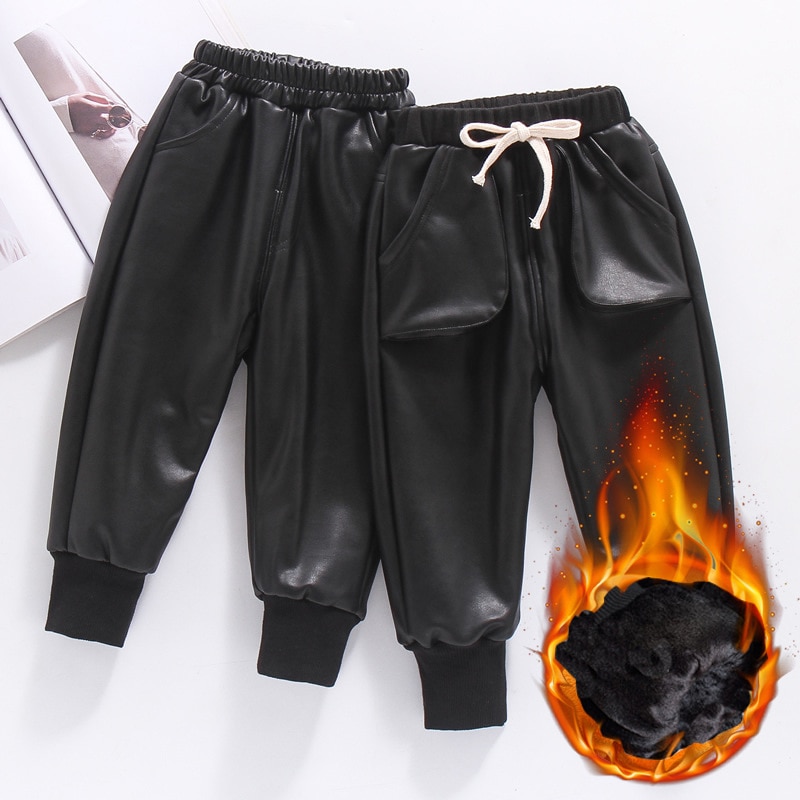 Barn casual skinnbyxor tjejer vinter tjocka pojkar varma byxor barn långbyxor baby flickor pu byxor 2-8 år