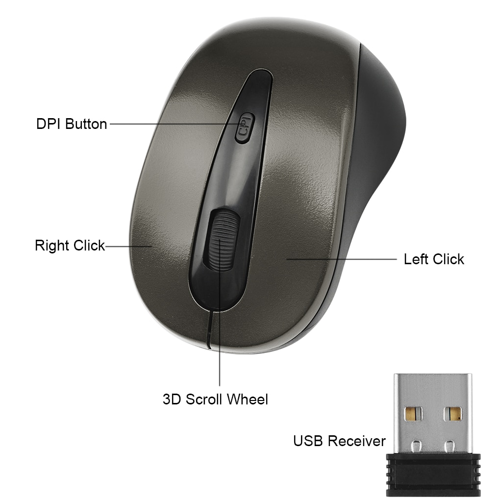 2.4GHz Wireless Mouse 1600DPI Optical Computer Cordless Office Mice with USB Receiver