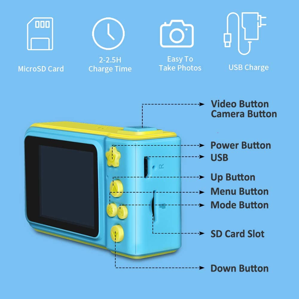 Kids Camera Kids Digital Video Camera 1080P FHD Kids Shockproof Video Camcorder with 2 Inch IPS Screen Kids Digital Camera blue