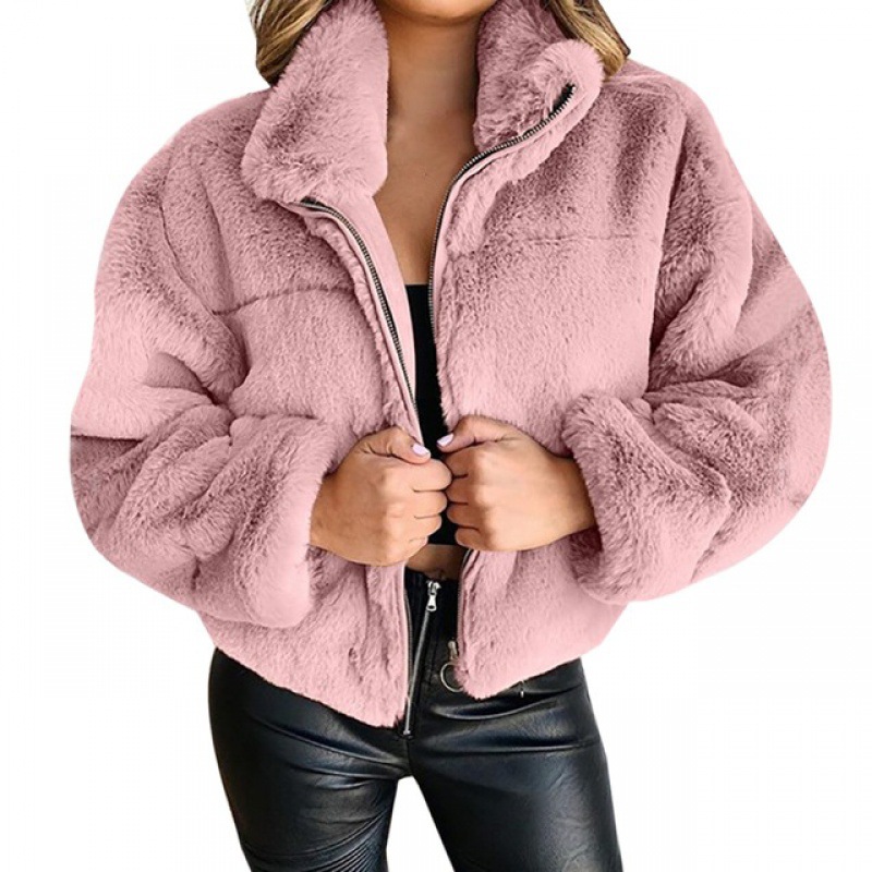 Vintage Vrouwen Warme Jas 2022 Winter Mode Pluizige Effen Kleur Turn-Down Lange Mouwen Pluche Rits Jas Casual losse Bovenkleding