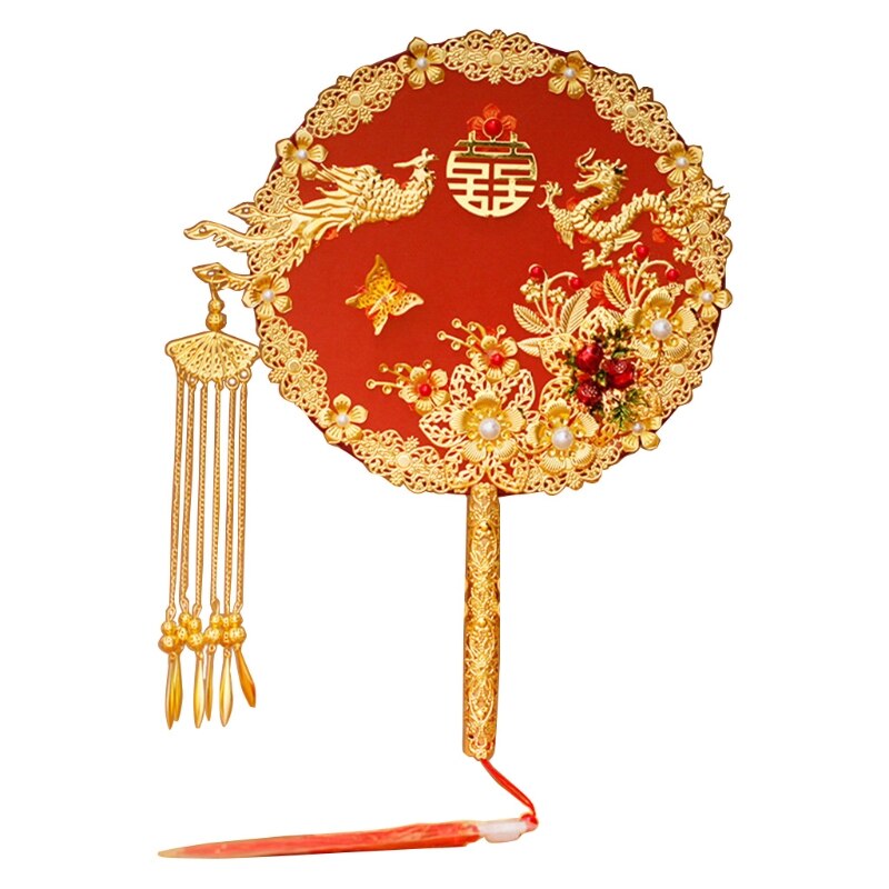 Abanico de estilo chino Vintage para decoración de bodas, abanicos decorativos para novia, redondos, de mano, para tradicional china: Red Dragon Phoenix P