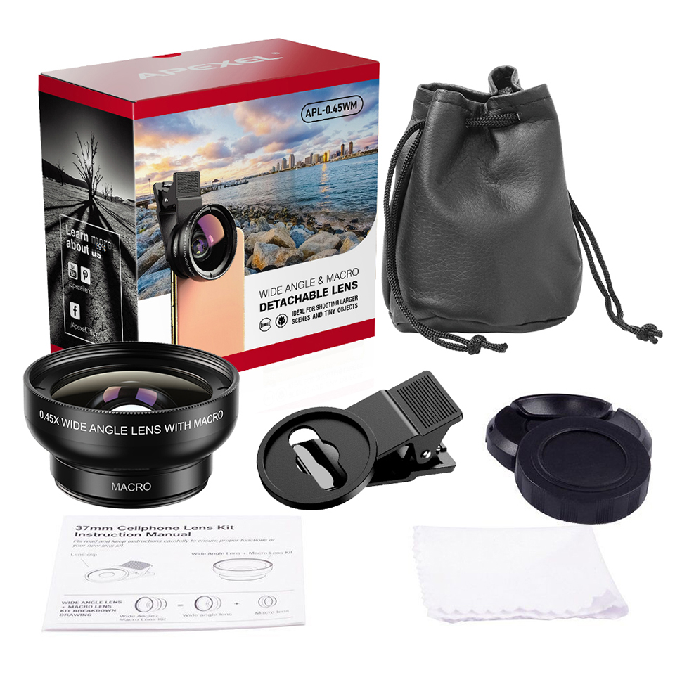 APEXEL Phone Camera Lens Kit 0.45x Wide Angle Macro Lens &amp; 12.5x Super Macro Lens HD Camera Lentes for IPhone Huawei Xiaomi