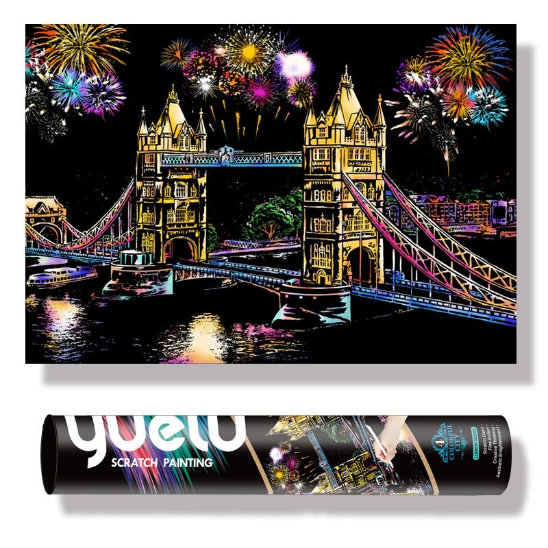 Diy Handleiding Schrapen Schilderij Grote 75*52Cm Reel Wereldberoemde Lanscape Building Night View Kras Schilderen Papier tekening Speelgoed: Tower Bridge