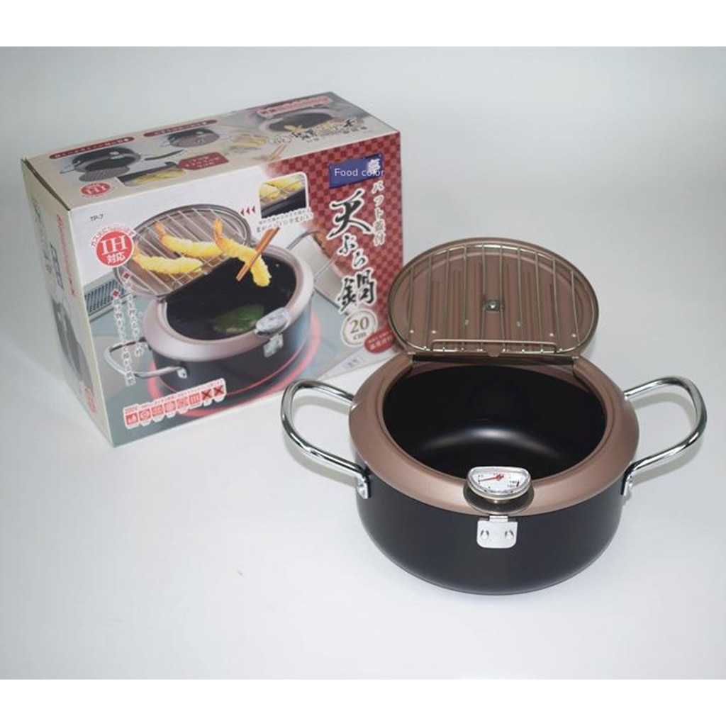 Frying Pan with thermometer Round Deep Fryer Pot Drainer Kitchen Cooking Pan