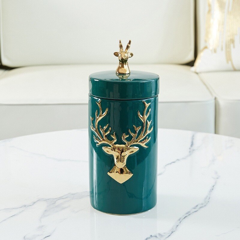 European-style Ceramic Deer Head Storage Jar Green Golden Deer Decoration Household Candy Jar Kitchen Storage Container