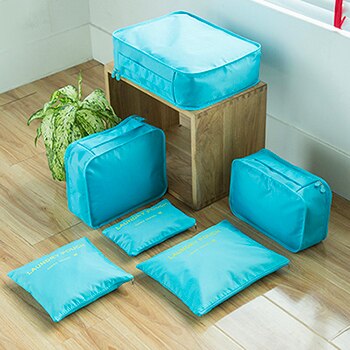 18 6 stks/set Vrouwen Bagage Reistas Dubbele Rits Waterdichte Polyester Organizer Verpakking Bag Cube Tassen: light blue