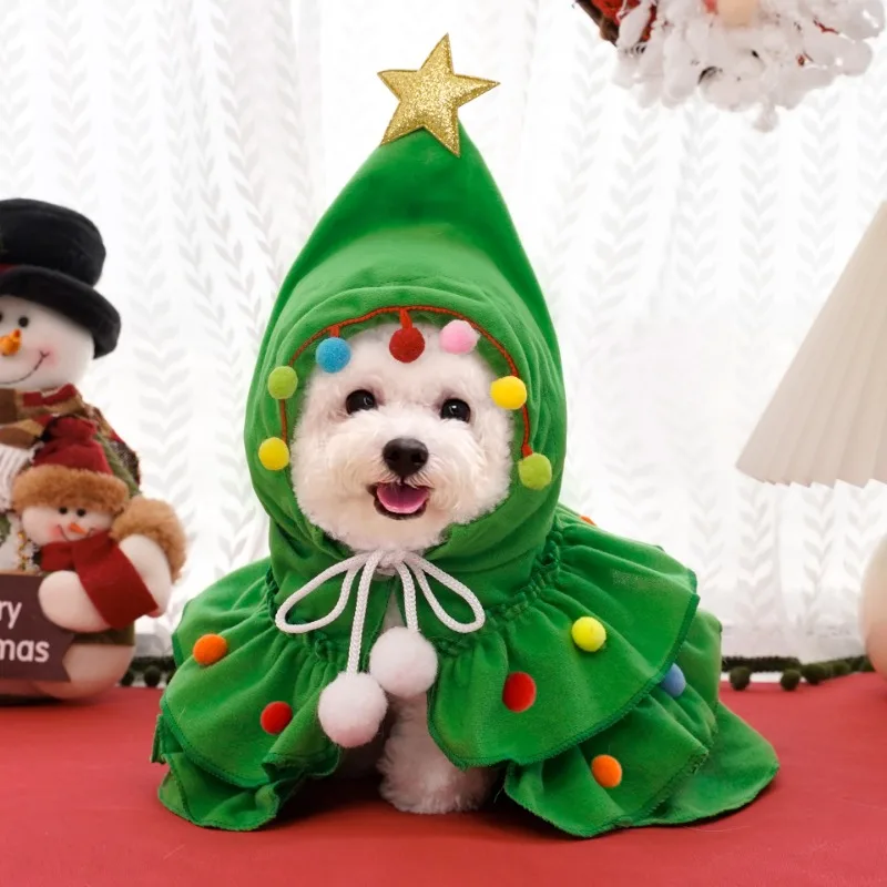 Christmas Pet Cosplay Cute Xmas Tree Role Play Bodysuit Dog Hooded Cloak Year Winter Season Warm Costume Unisex Home Party: M / green