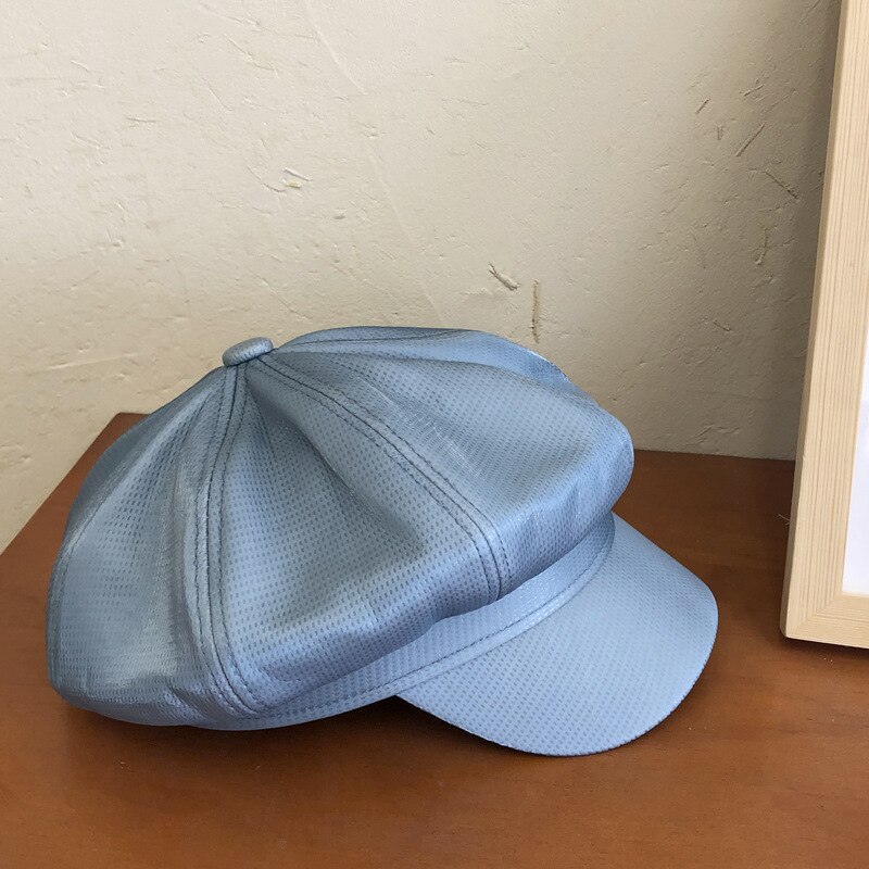 Leather Vintage Berets Painter Hat Autumn Winter Caps Male Female Casual Solid Color PU Leather Octagonal Cap: 0028 Blue