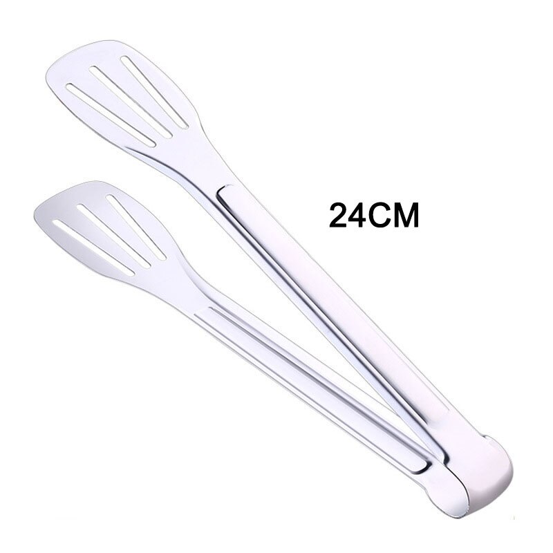 Rustfritt stål kamskjell bbq tang kjøkken mat klemme servering tang bbq klips lett å rengjøre for vegetabilsk bbq brød biff klips: Sølv (24cm lengde)