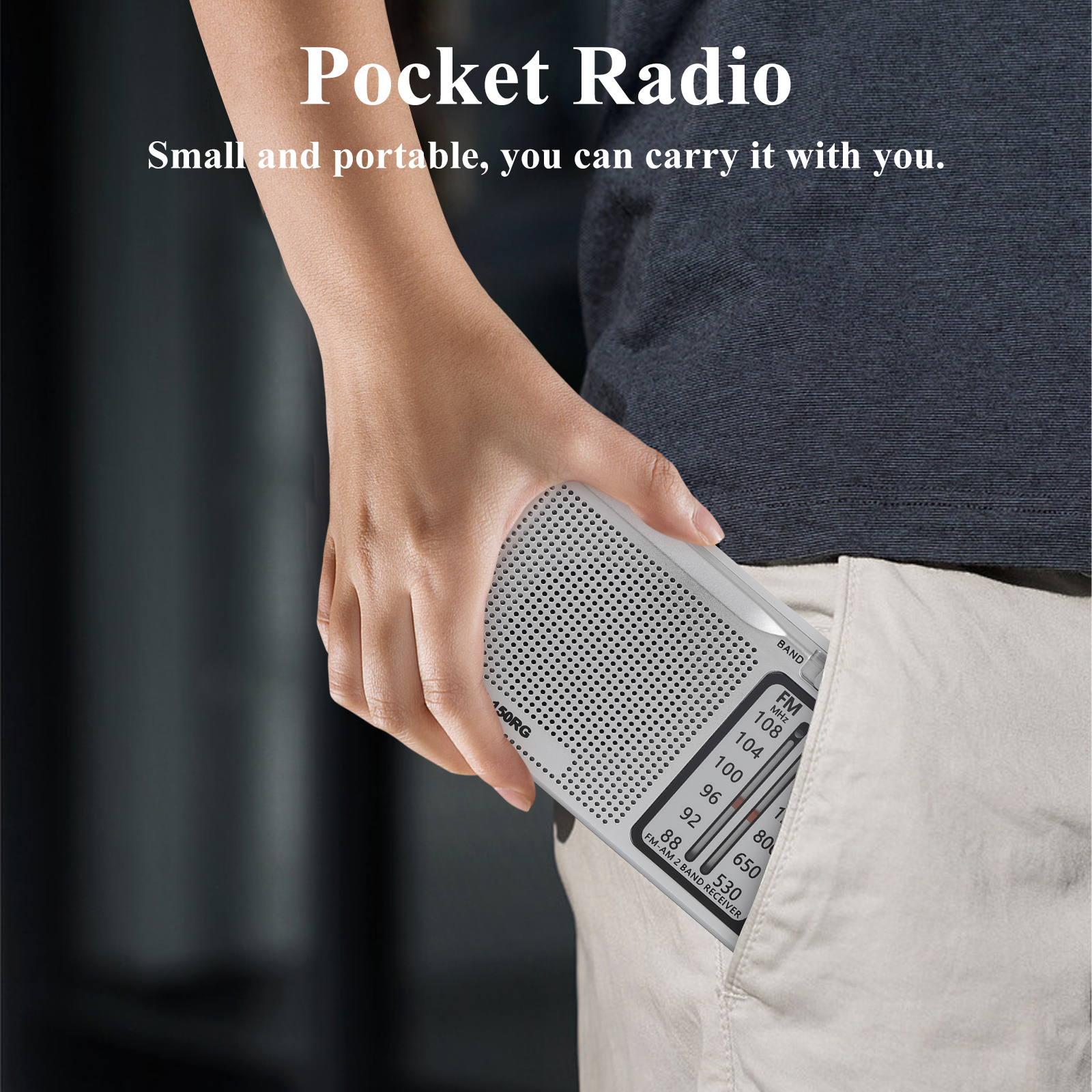 150RG radio Portable AM/FM radio, small pocket radio with speaker, headphone jack, USB charging cable for indoor and outdoor