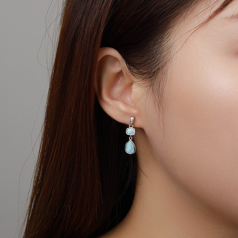 Geometrische, stromlinienförmige, lange 925 aus sterlingsilber für mädchen und damen aus natürlichem, kostbarem larimar