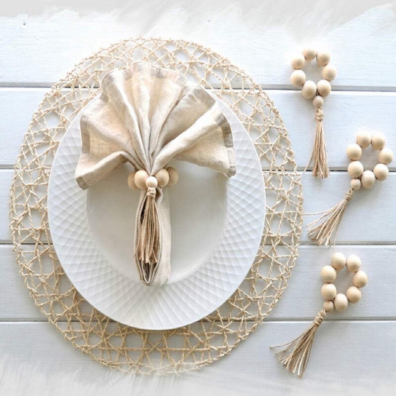 Hout Kraal Servetringen Boerderij Hout Kralen Garland Met Kwasten Houten Kralen Muur Opknoping Decor Voor Bruiloften Home 8Pcs